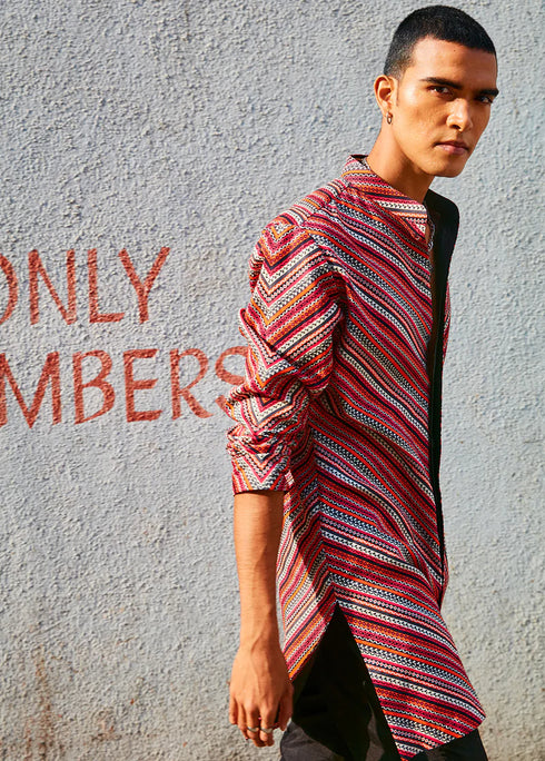 Bohemian Stripe Shirt Style Kurta Teamed With Pants