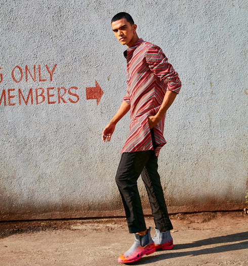 Bohemian Stripe Shirt Style Kurta Teamed With Pants
