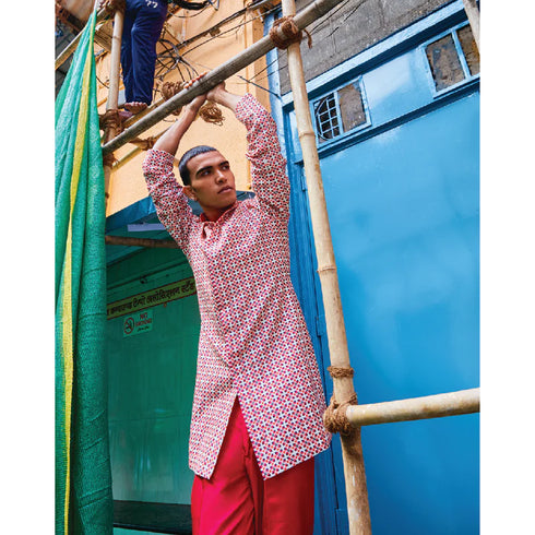 Ivory Geometric Shirt Style Kurta Teamed With Pants