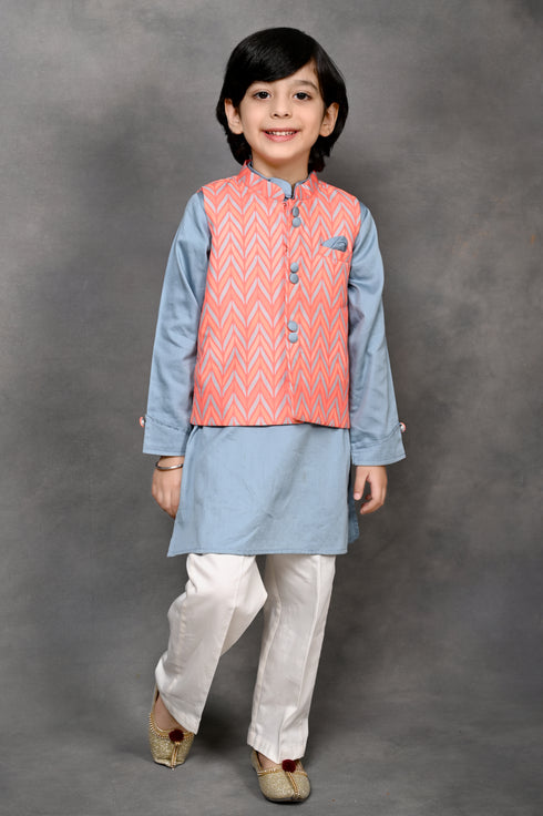 Chevron Print Nehru Jacket with Kurta & Pant Set