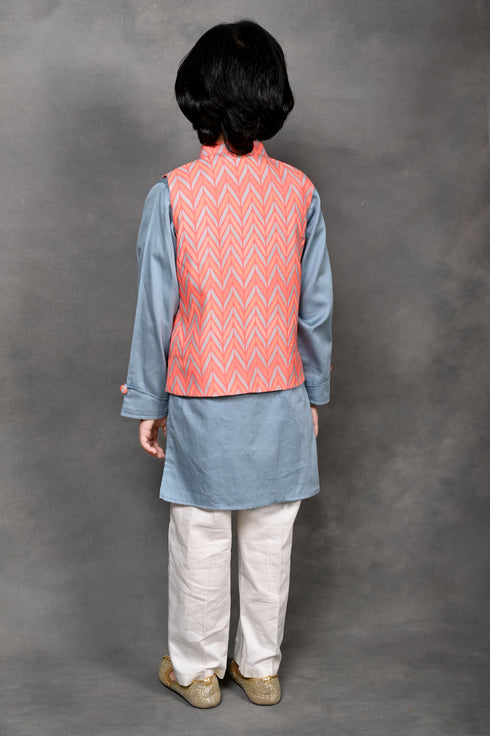 Chevron Print Nehru Jacket with Kurta & Pant Set