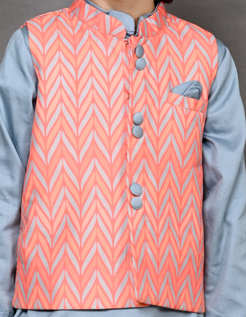 Chevron Print Nehru Jacket with Kurta & Pant Set