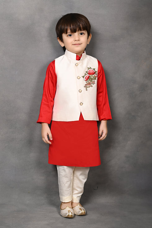 Hand Embroidered Floral Motif Nehru Jacket with Kurta & Pant Set