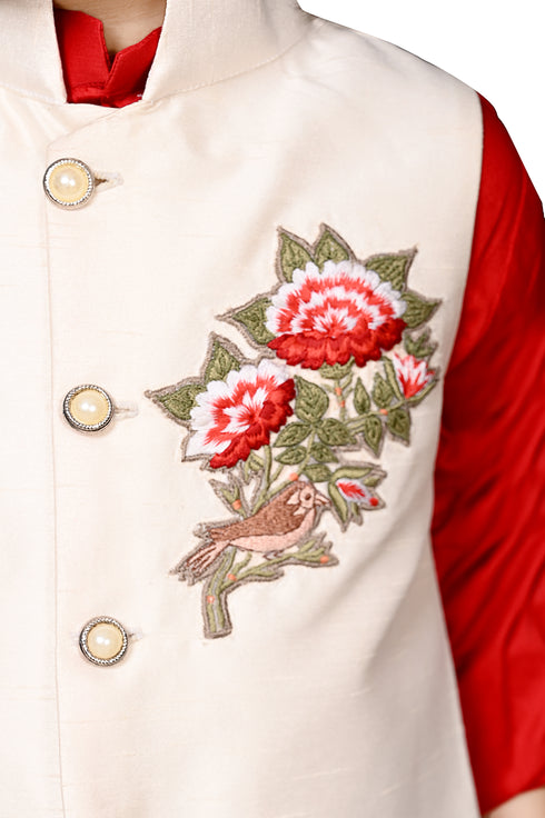 Hand Embroidered Floral Motif Nehru Jacket with Kurta & Pant Set