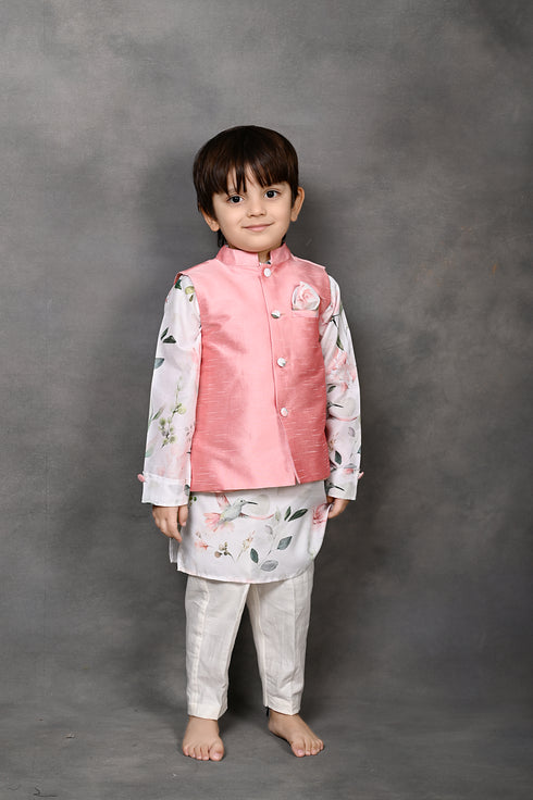 Pink Nehru Jacket With Hummingbird Print Kurta & Pant Set