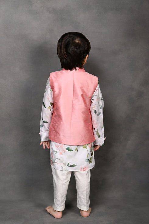 Pink Nehru Jacket With Hummingbird Print Kurta & Pant Set