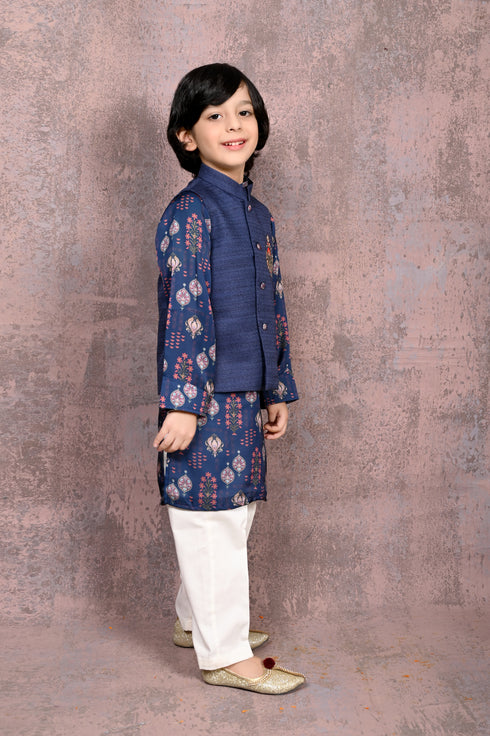 Embroidered Motif Nehru Jacket With Mughal Print Kurta & Pant Set