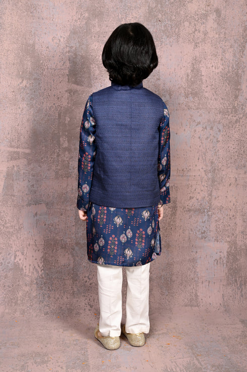 Embroidered Motif Nehru Jacket With Mughal Print Kurta & Pant Set