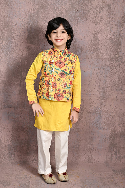 Marigold Floral Print Nehru Jacket With Kurta & Pant Set