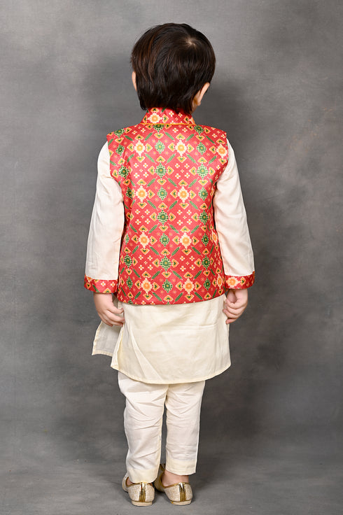 Red Patola Print Nehru Jacket With Kurta & Pant Set
