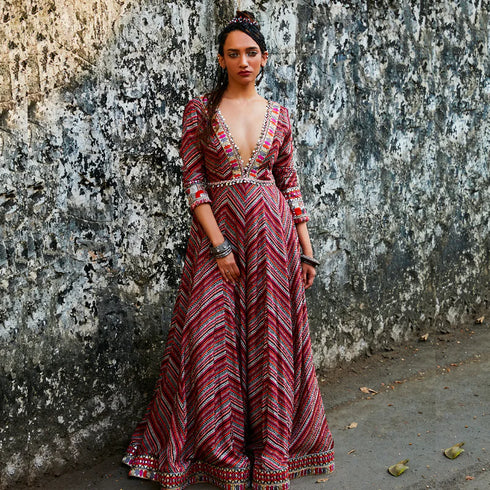 Bohemian Stripe Print Plunge Neck Anarkali