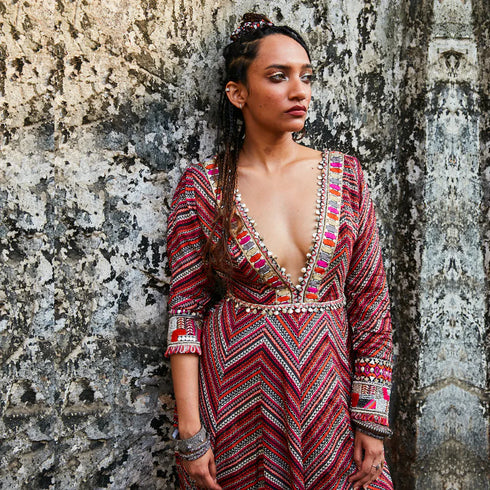 Bohemian Stripe Print Plunge Neck Anarkali