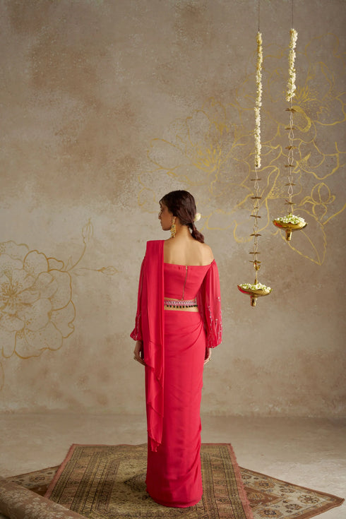 Coral Red Saree With Off-Shoulder Blouse