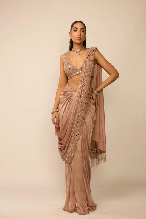 Bronze Rosé Satin Draped Saree Set