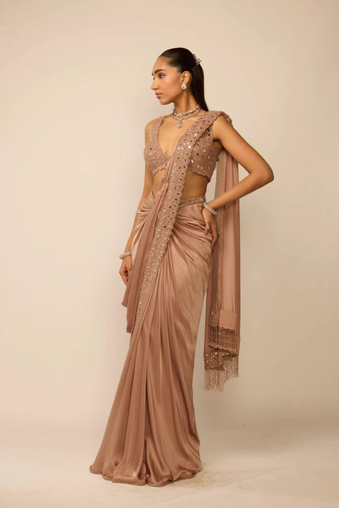 Bronze Rosé Satin Draped Saree Set