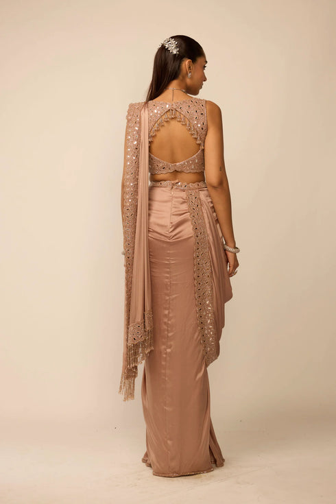 Bronze Rosé Satin Draped Saree Set
