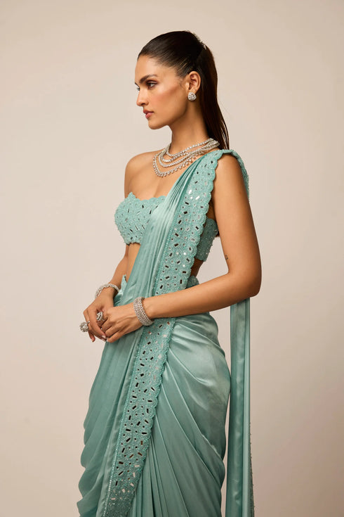 Powder Blue Satin Draped Saree Set