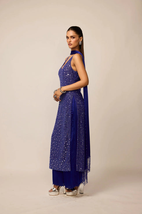 Cocktail Blue V Neck Kurta Set