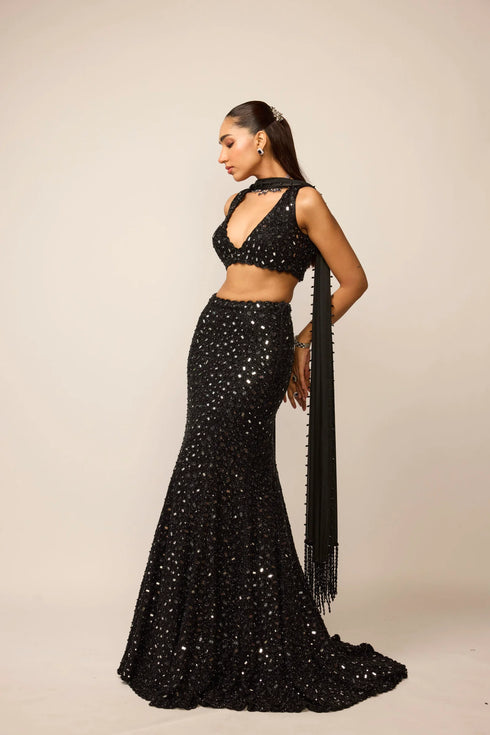 Black Fishcut Lehenga Set