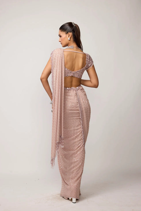 Ash Pink Sequins Embroidered Draped Saree Set