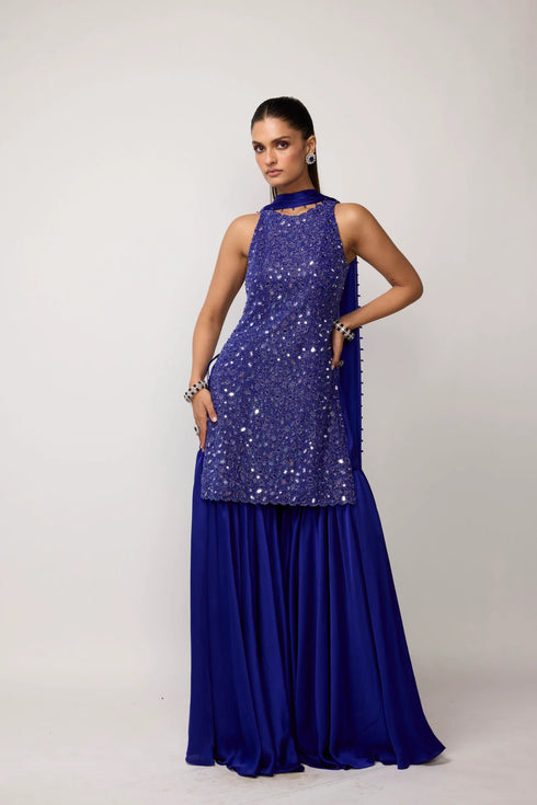 Cocktail Blue Satin Sharara Set