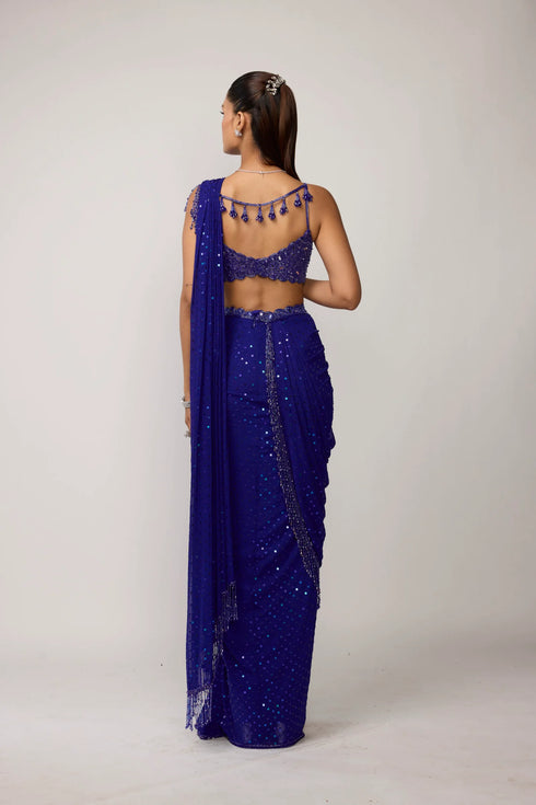 Cocktail Blue Sequins Embroidered Saree Set