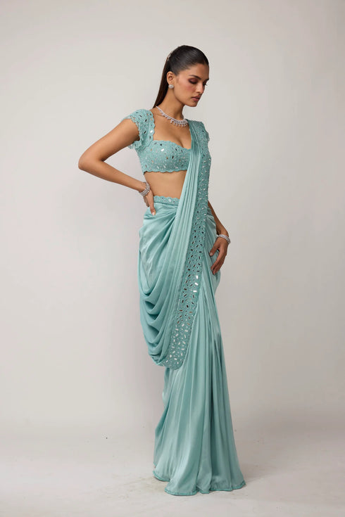 Powder Blue Draped Saree Set