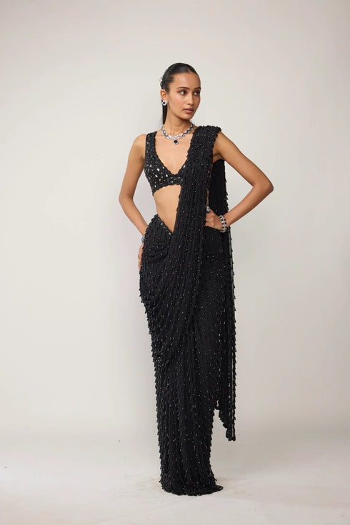 Black Single Drop V Neck Saree Set