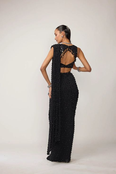 Black Single Drop V Neck Saree Set