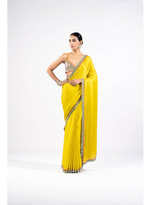 Moss Green Satin Chiffon Saree With Metallic Blouse