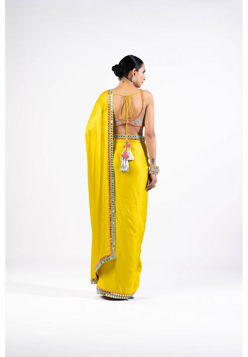 Moss Green Satin Chiffon Saree With Metallic Blouse