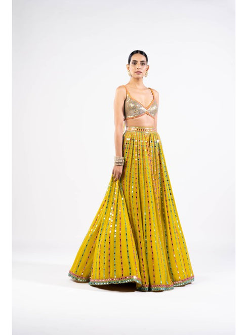 Moss Green Linear Drop Lehenga With Metallic Blouse.