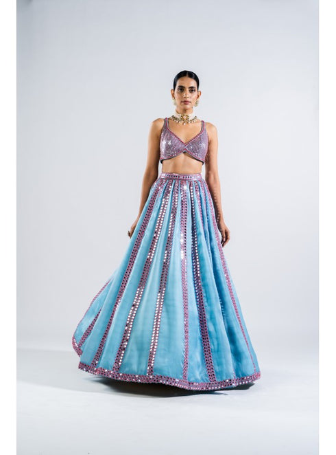 Ice Blue Mirror Seam Lehenga Set