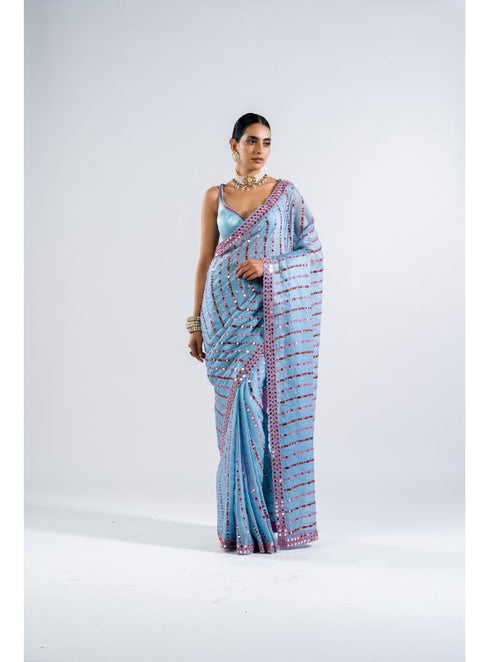 Ice Blue Heavy Mirror Work Saree Set
