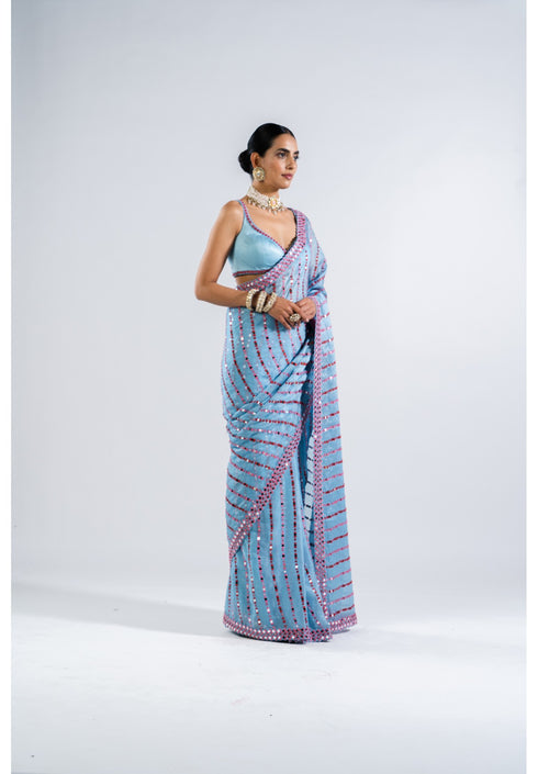 Ice Blue Heavy Mirror Work Saree Set