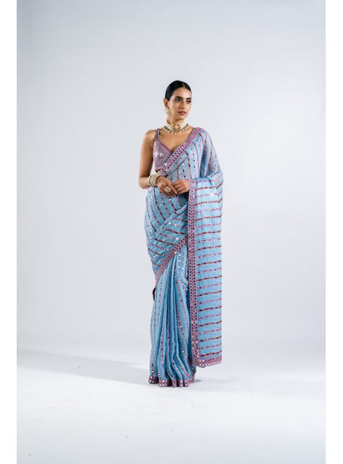Ice Blue Heavy Mirror Work Saree With Metallic Blouse