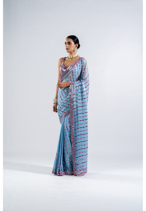 Ice Blue Heavy Mirror Work Saree With Metallic Blouse