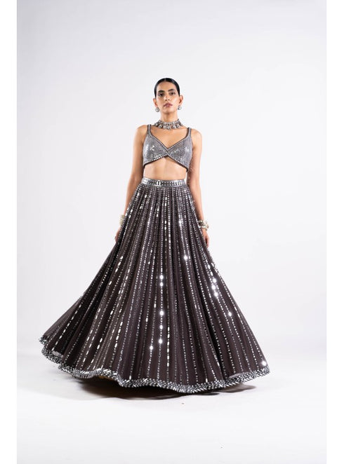 Charcoal Grey Linear Drop Lehenga With Metallic Blouse