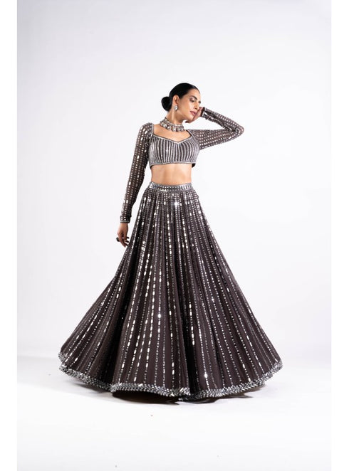 Charcoal Grey Linear Drop Lehenga Set
