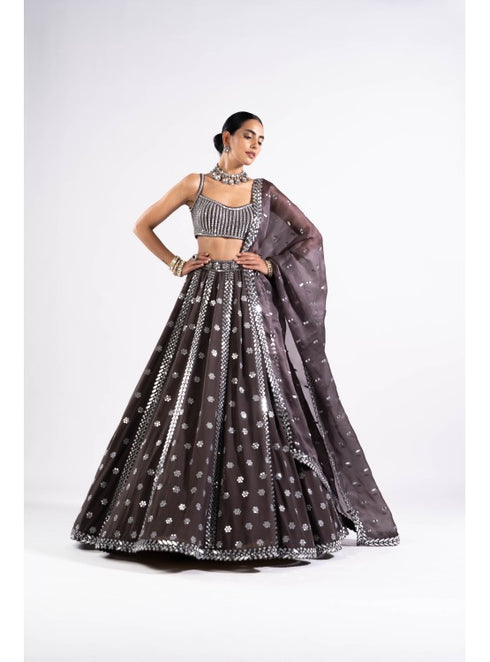 Charcoal Grey Flower Lehenga Set