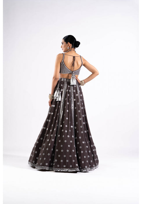 Charcoal Grey Flower Lehenga Set