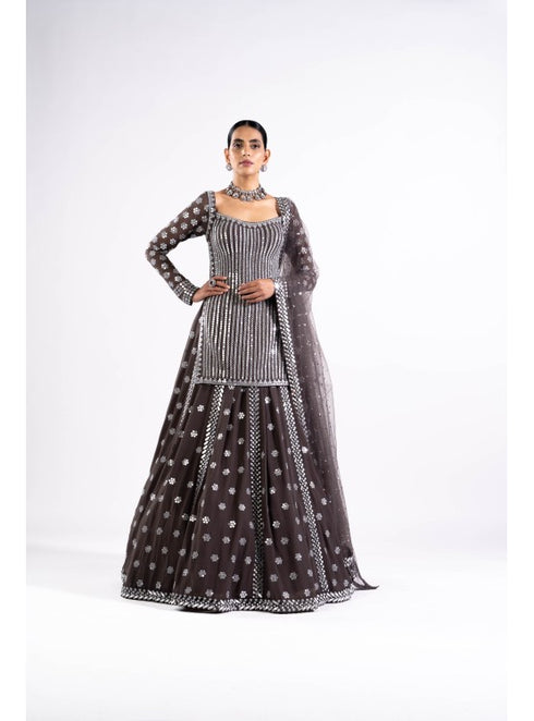Charcoal Grey Mirror Work Kurta Lehenga Set