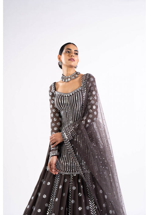Charcoal Grey Mirror Work Kurta Lehenga Set