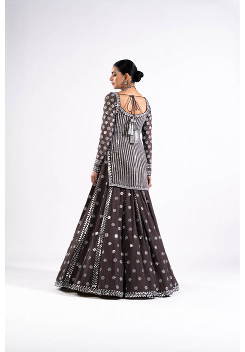 Charcoal Grey Mirror Work Kurta Lehenga Set