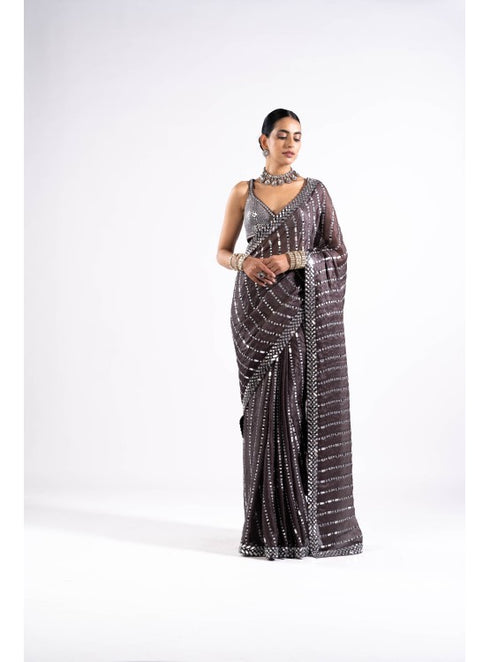 Charcoal Grey Heavy Mirror Work Saree With Metallic Blouse