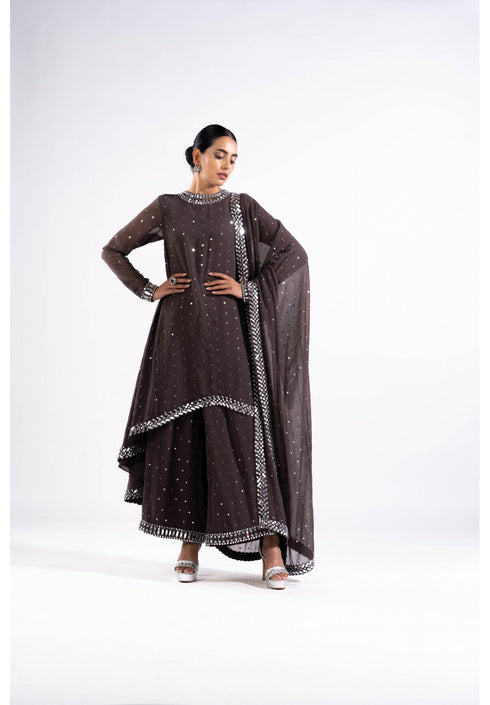 Charcoal Grey Asymetrical Kurta Set With Dupatta