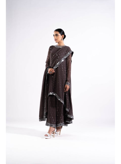 Charcoal Grey Asymetrical Kurta Set With Dupatta