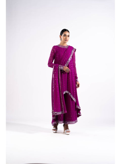 Pop Wine Asymetrical Kurta Set With Dupatta