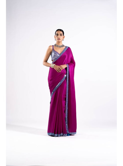 Pop Wine Satin Chiffon Saree Set