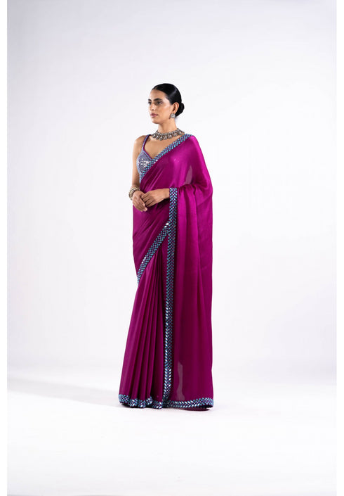 Pop Wine Satin Chiffon Saree Set